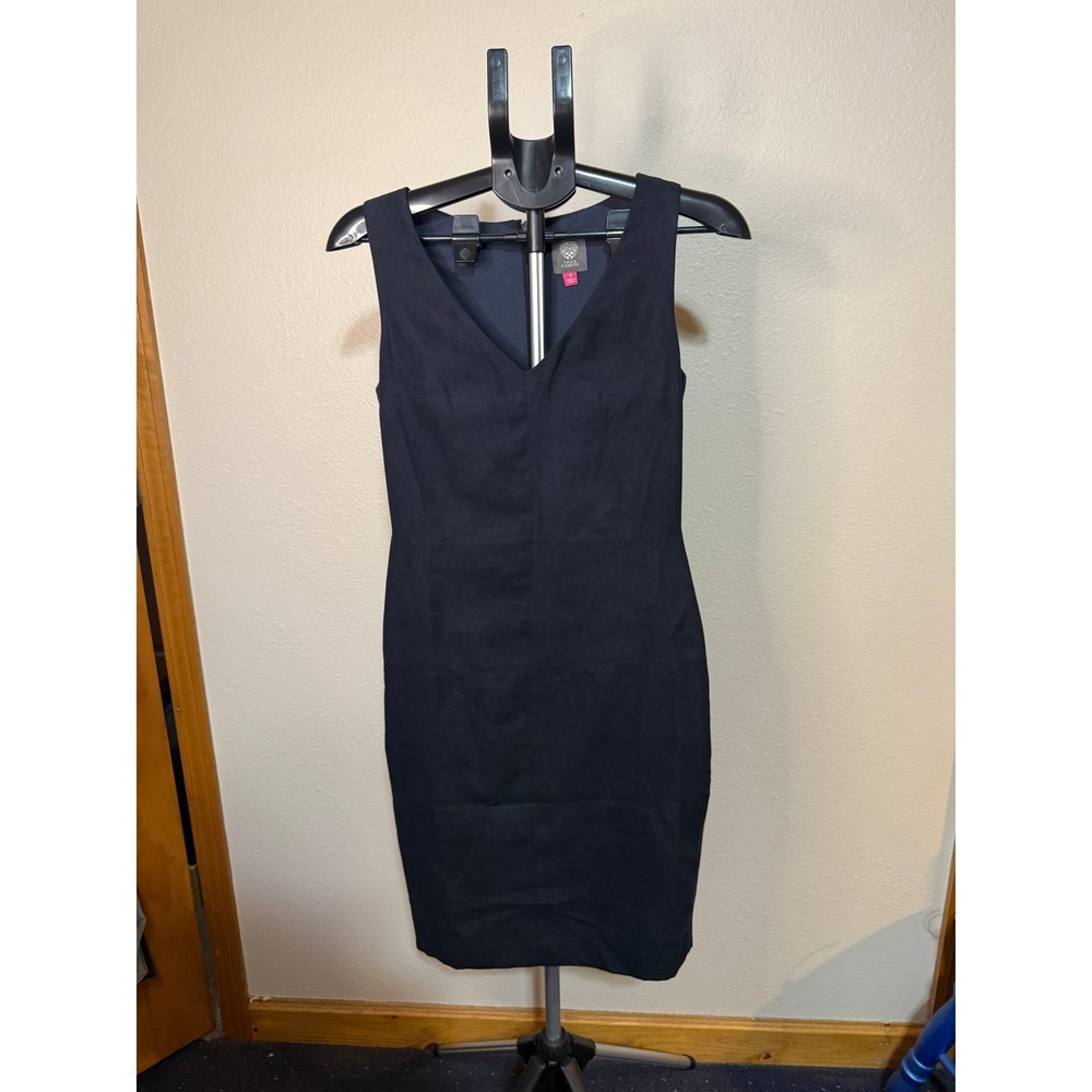 Vince Camuto Navy Blue Faux Suede Mixed Media V-Neck Sheath Dress Size 4